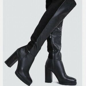 CIRCUS Black Leather Thigh High Boots Block Heel | Size 7.5